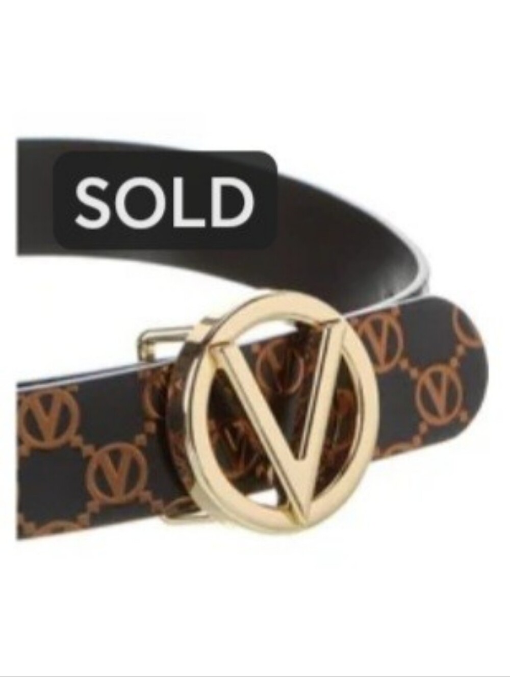 Valentino By Mario Valentino Bronze & Black Monogram Logo Belt W/Gold Buckle (L)